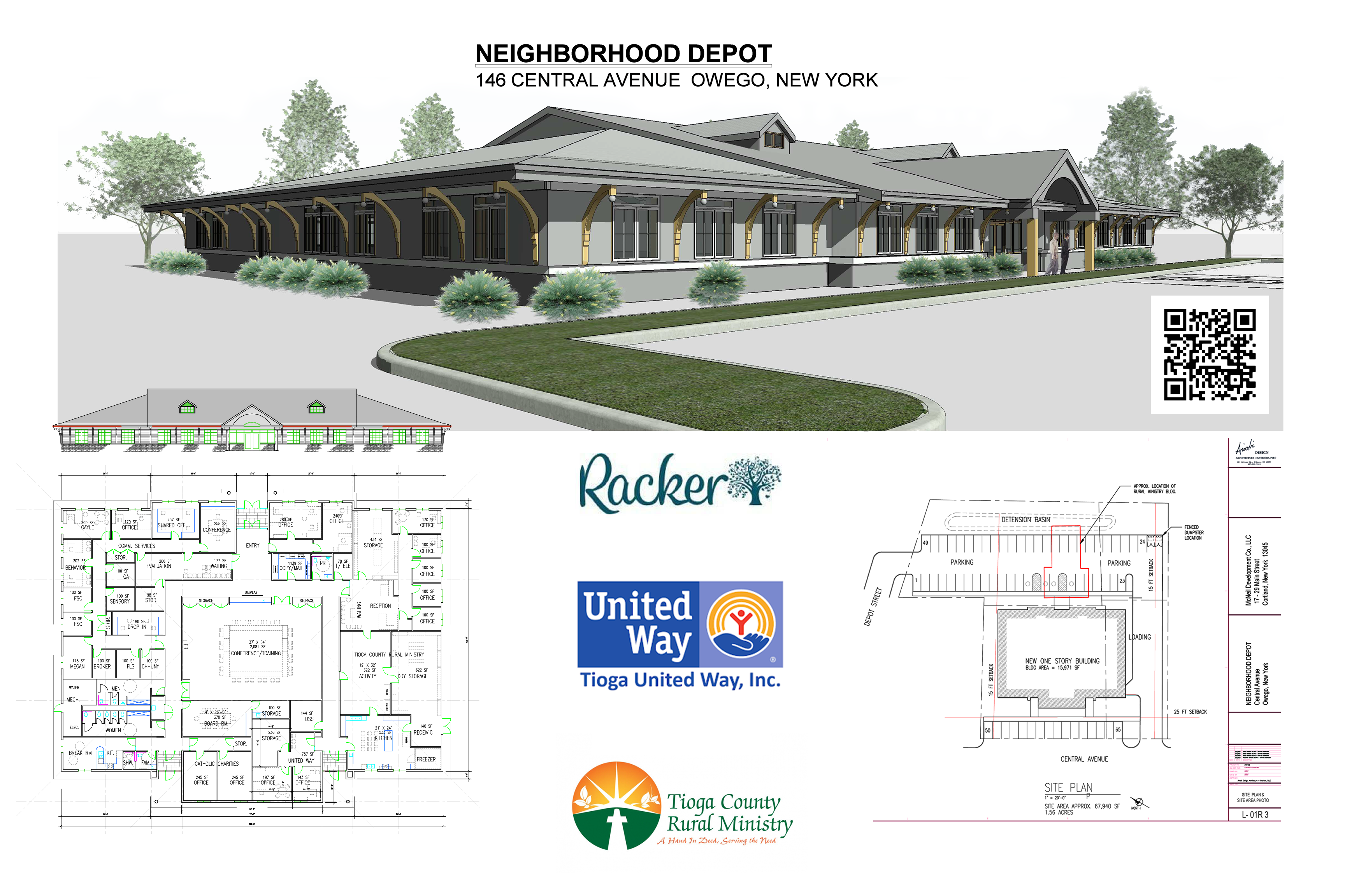 A rendering of the completed building with schematics and logos of each of the participating not-for-profit organizations